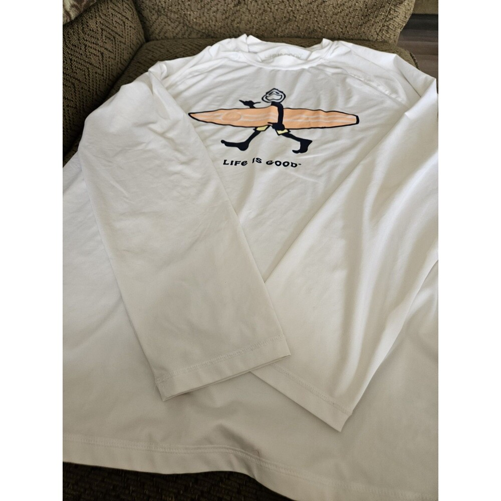 Life is Good White Man Surfboard Long Sleeve Tee SUN T SHIRT UPF 50+ Men's M